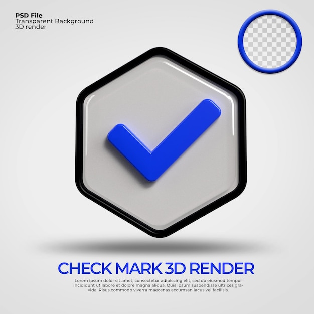 PSD 3d render pictogrammen symbool vinkje blauwe kleur in zeshoek geïsoleerd