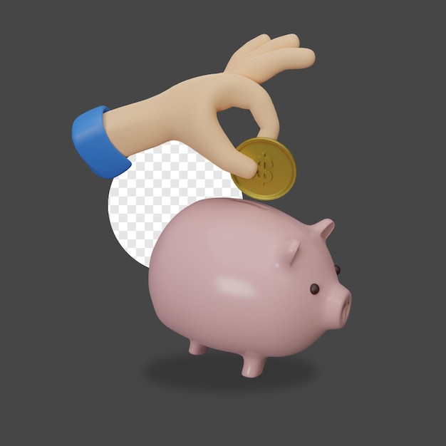 3d render piggy bank and hand