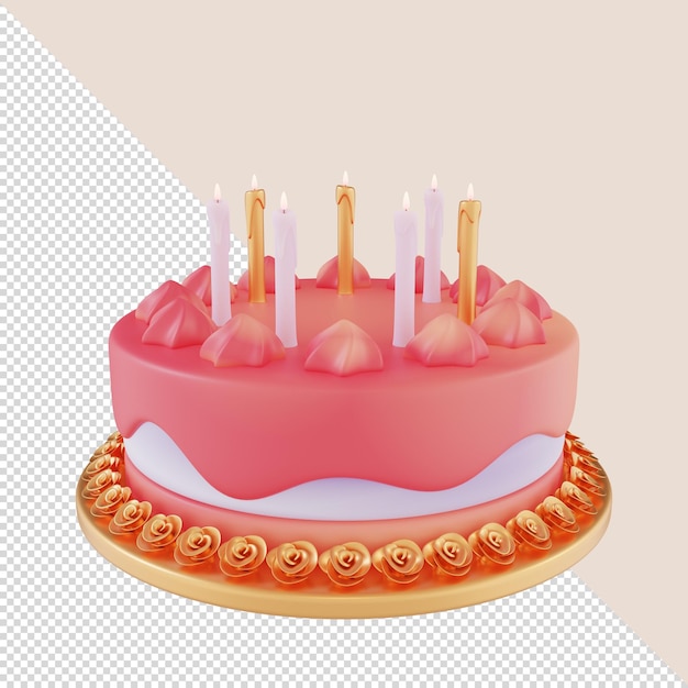 3d render pink birthday cake with gold roses and candles