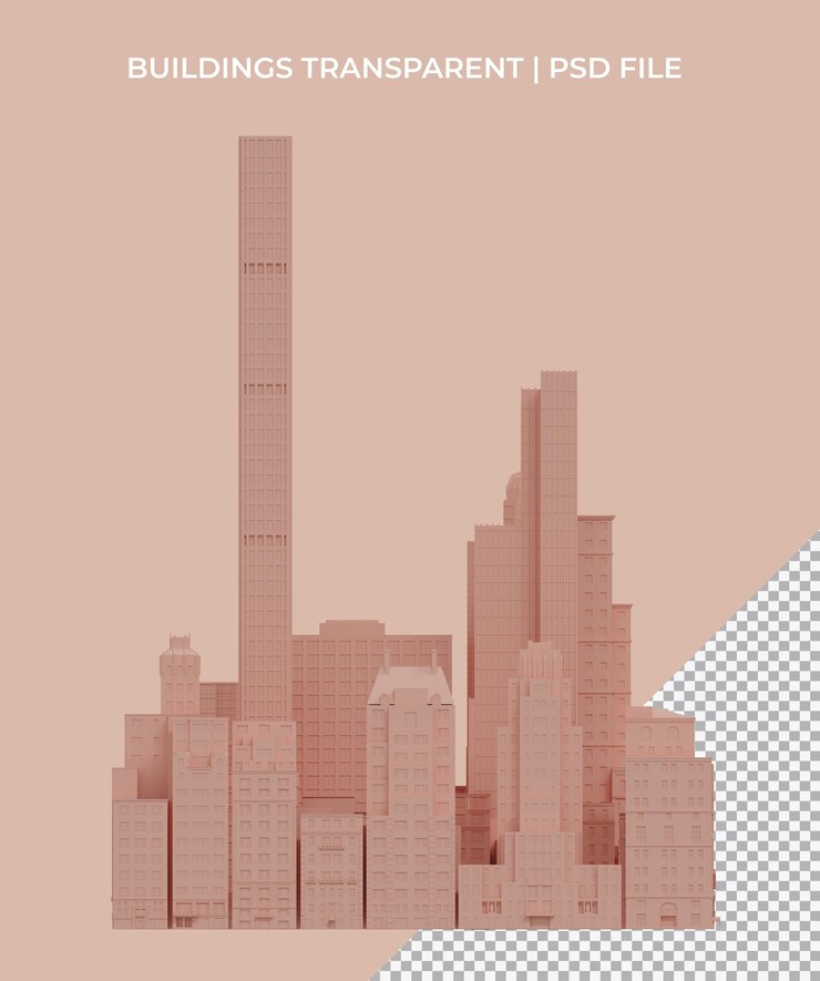PSD 3d render pink city buildings skyscraper pastel color transparent background