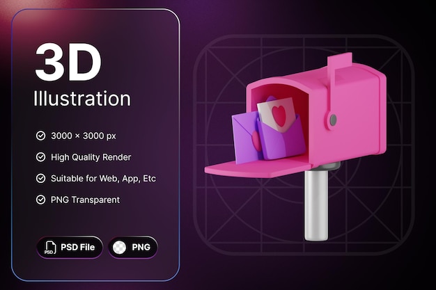 PSD 3d render pink mailbox oggetto valentine day romance concept design moderno