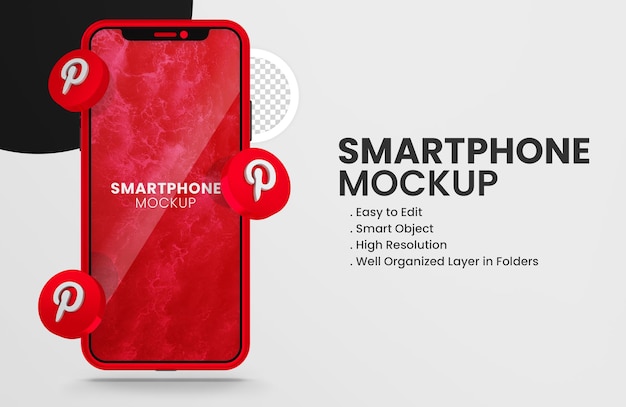 3d rende l'icona pinterest sul mockup di smartphone rosso red