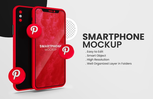 3d rende l'icona pinterest sul mockup di smartphone rosso red