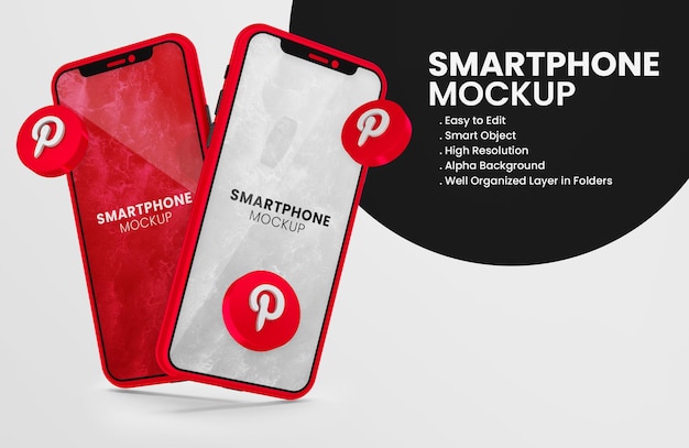 3d rende l'icona pinterest sul mockup di smartphone rosso red