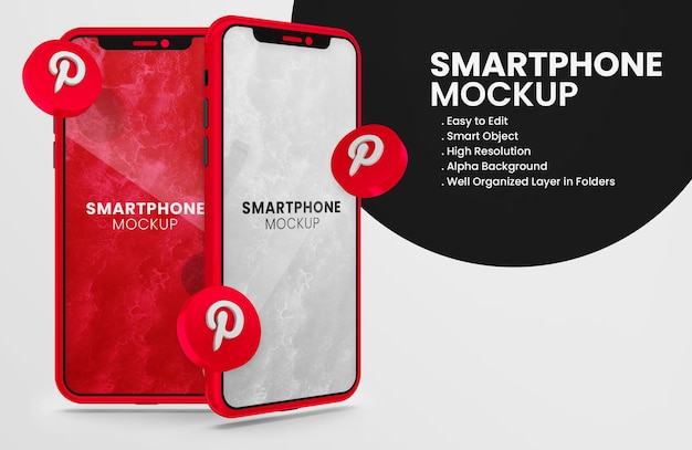 3d render pinterest-pictogram op rood smartphonemodel