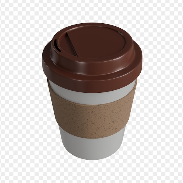3D render of a plastic brown and white coffee cup with a paper grip