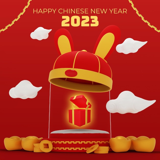 Podio di rendering 3d capodanno cinese 2023 con decorazione cappello di coniglio