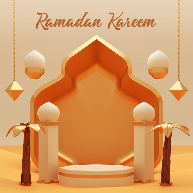 PSD banner ramadan kareem podio rendering 3d