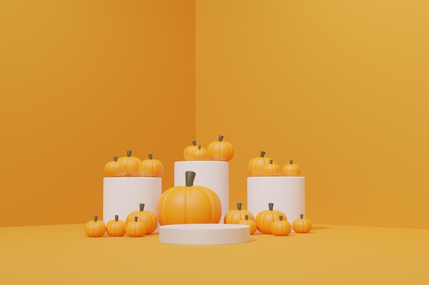 3d rendono la scena del podio con la zucca per l'evento di halloween