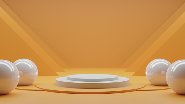 3D render podium with balls on orange background