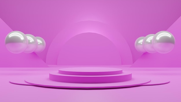 3d render podium with balls on purple background
