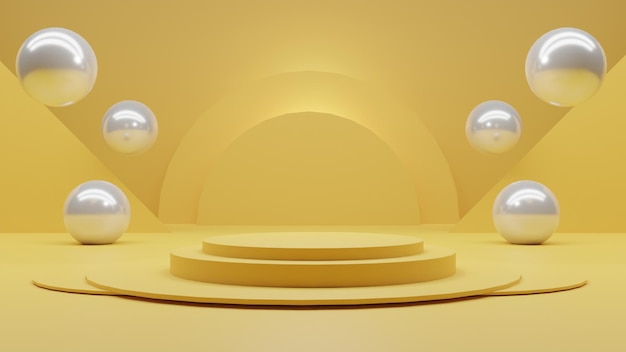 3d render podium with balls on yellow background