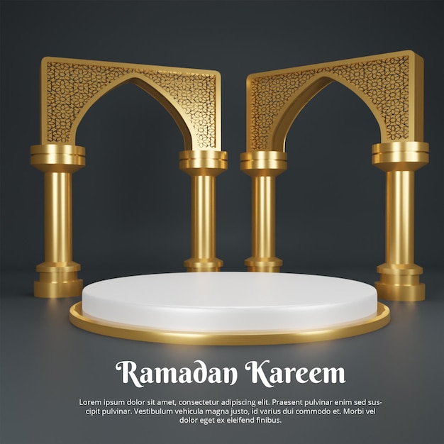 PSD 3d render podium with gold pillar ramadan