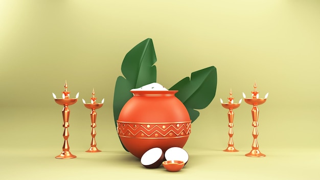 3D Render Pongal Festival Elements и пространство для копирования на светло-оливковом зеленом фоне