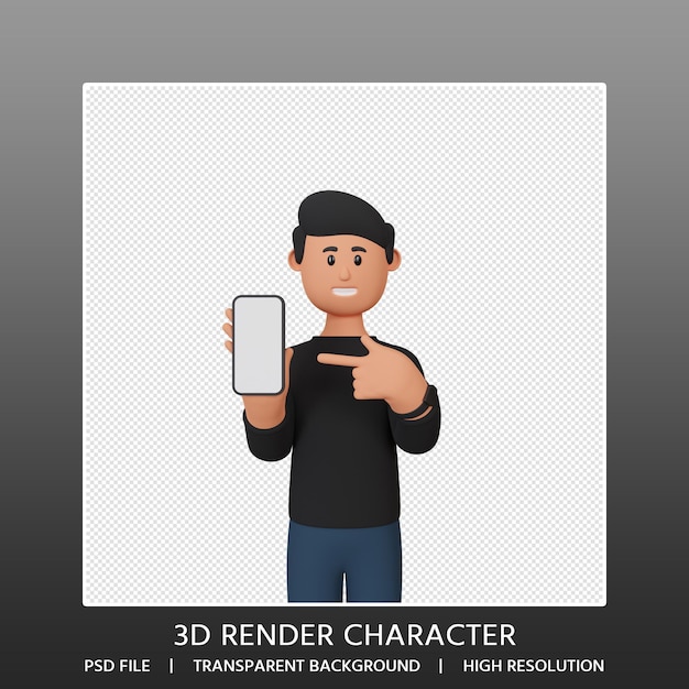 PSD 3d render postać mężczyzny skierowana w górę smartfona