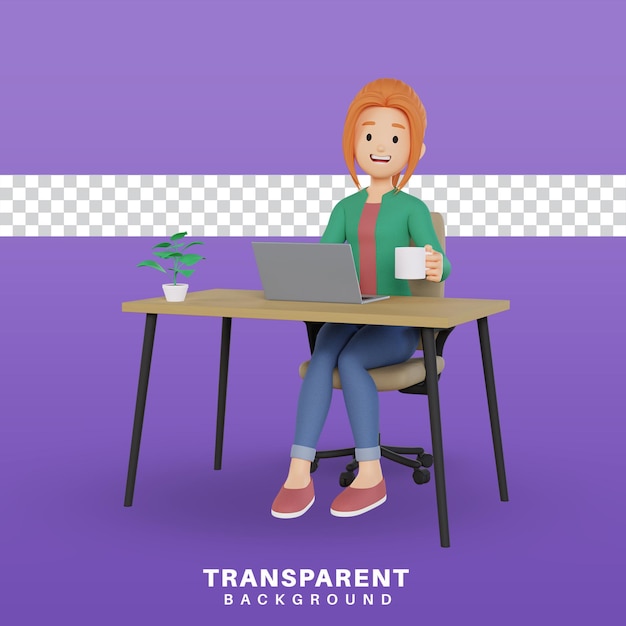 3d render postaci dziewczyny z kreskówek pracującej na laptopie