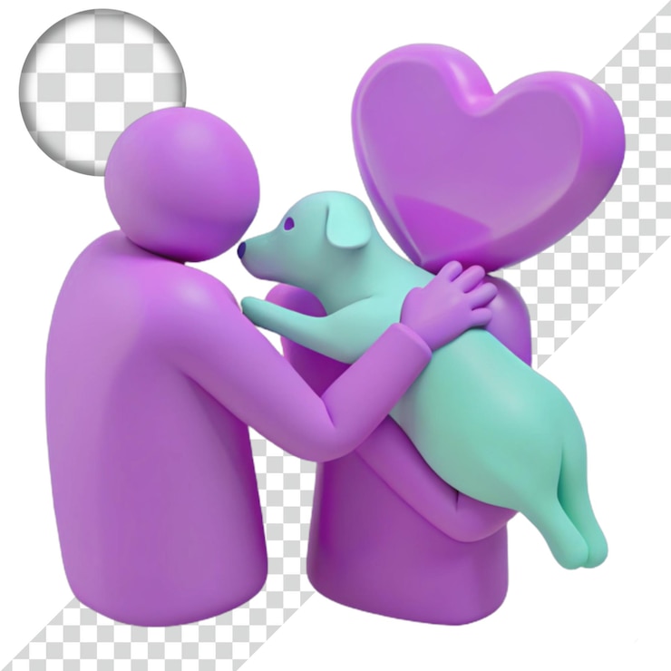 PSD 3d render of a purple figure holding a blue dog and a heart