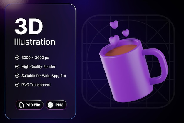 PSD 3d render purple mug love object valentine day romance concept modern design