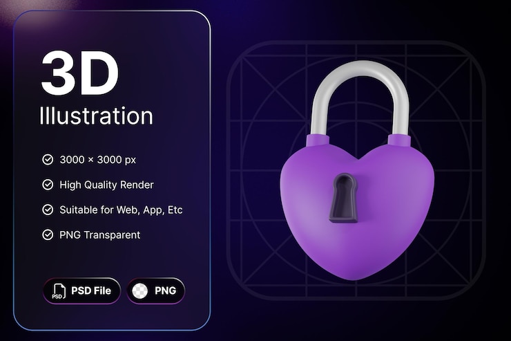 PSD 3d render purple padlock love object valentine day romance concept modern design