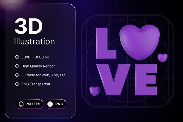 PSD 3d render purple text love object valentine day romance concept modern design