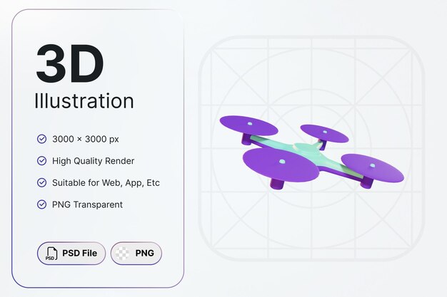 PSD 3d render purple drone с четырьмя пропеллерами circle concept modern icon illustrations design