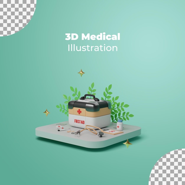 3d render realistic first aid kit with medical equipment