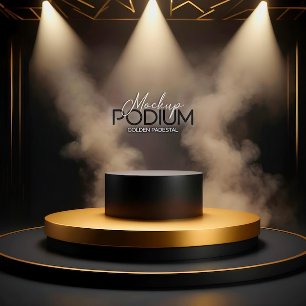 3d render realistic golden product display podium stand with theater spotlight on smoky background