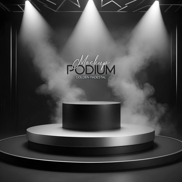 PSD 3d render realistic metallic product display podium stand with theater spotlight on smoky background