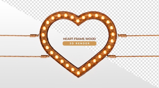 3d render realistic wooden heart with rope and lights on transparent background