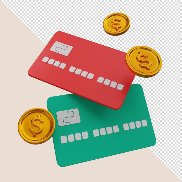 3D render red and green credit card with dollar coins