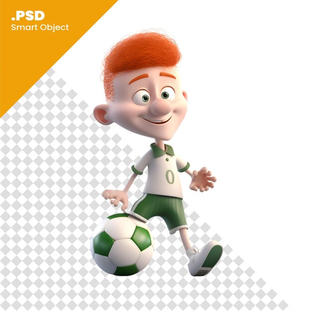 PSD render 3d di un ragazzo dai capelli rossi con un modello psd di palla da calcio