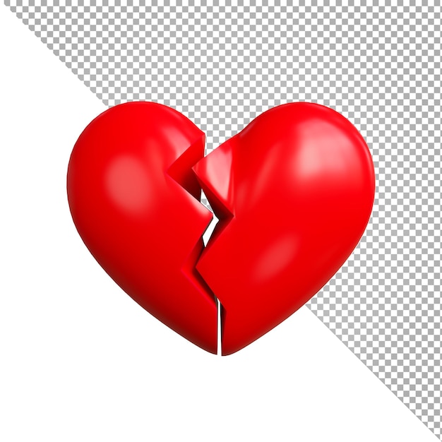 PSD 3d render of red heart with cracked on transparent background,clipping path