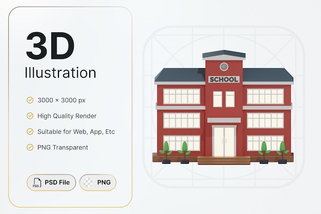 PSD 3d 렌더링 빨간색 학교 건물 센터 보기 개념 현대적인 디자인