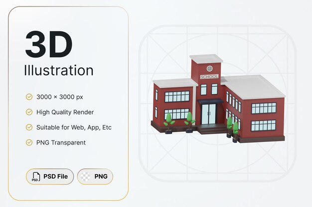 PSD 3d 렌더링 빨간색 학교 건물 왼쪽 각도 개념 현대적인 디자인