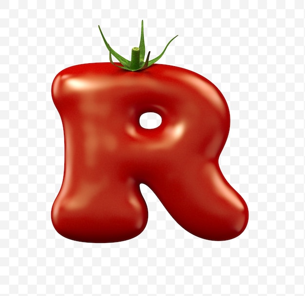 PSD 3d render of red tomato letter isolated food symbol of alphabet