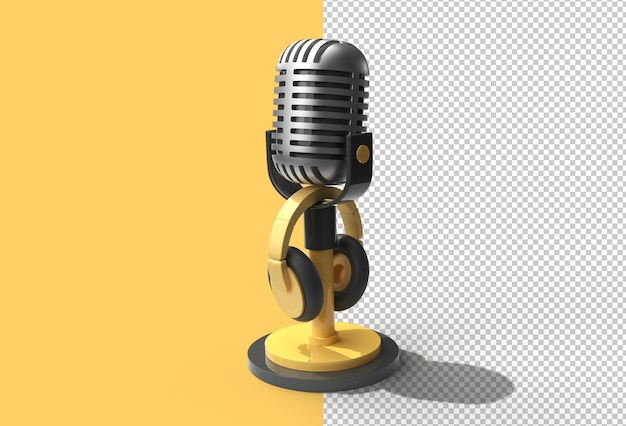 3D Render Retro microphone on short leg and stand with Headphone.