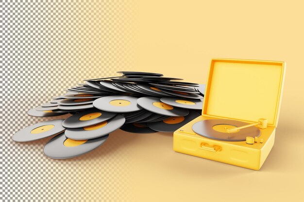 PSD riproduttore di dischi retro 3d in valigia vintage con un mucchio di dischi lp in vinile su sfondo giallo turntable fonografo per riprodurre jazz blues rock o musica elettronica banner pubblicitario illustrazione 3d