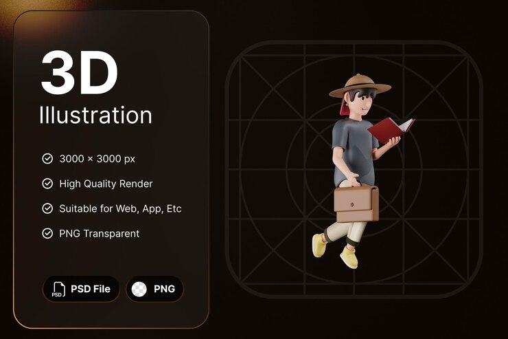 PSD 3d 렌더링 오른쪽 천사 여성 걷기 및 독서 책 개념 현대 아이콘 일러스트 디자인