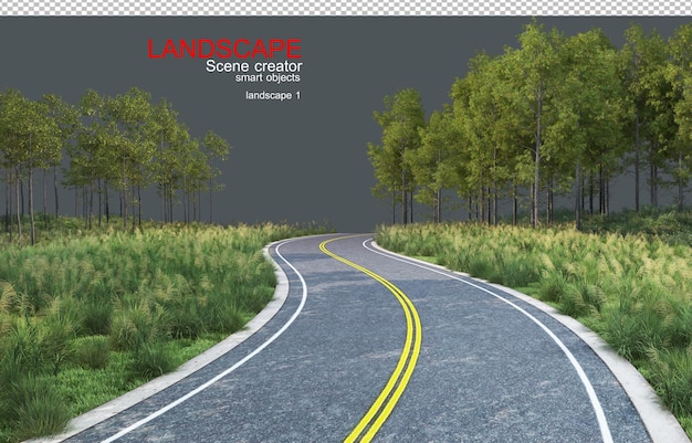 3D レンダリング 草原を横断する道路