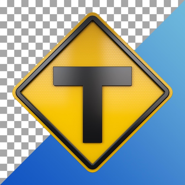 PSD 3d render of road traffic sign t junction with transparent background