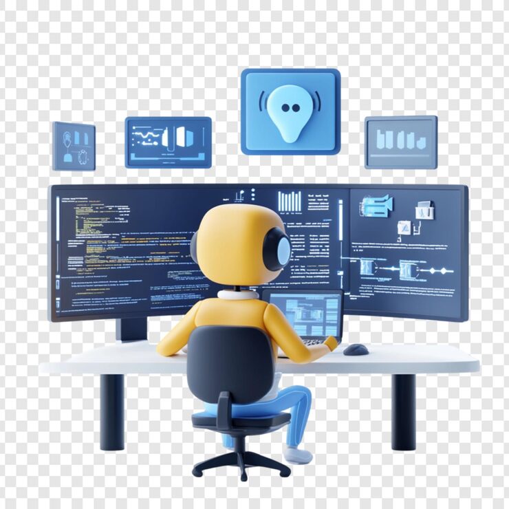 PSD 3d render of a robot programmer working on multiple screens with code data and graphs showing ai and data analytics