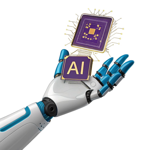 3D Render of a Robotic Hand Presenting an AI Processor with Circuit Details Transparent Background