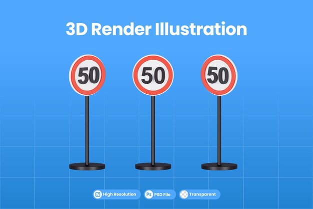 PSD 3d render round 50 speed limit road sign premium psd