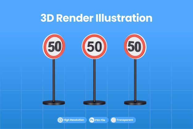 PSD 3d render rundy 50 znak drogowy ograniczenia prędkości premium psd