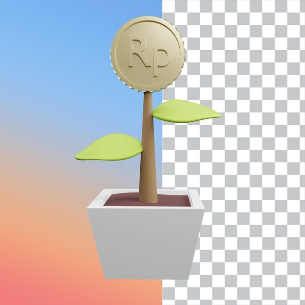 PSD 3d render rupiah coin money tree plant isolated