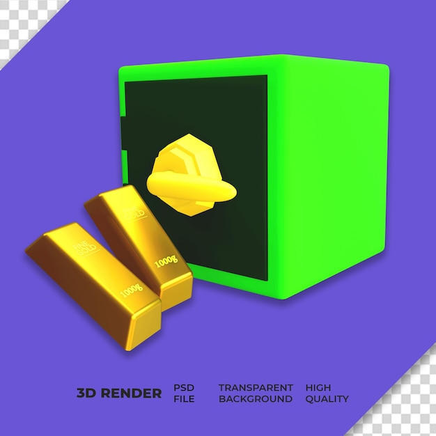 PSD 金の棒の透明な背景を持つ3dレンダリングセーフボックス