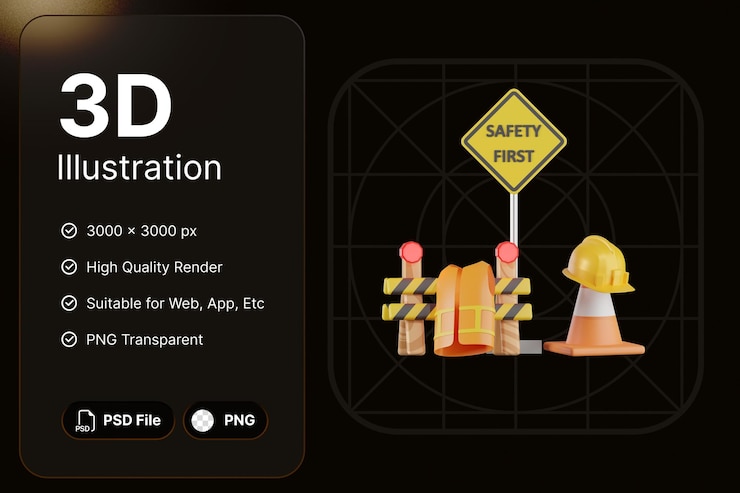 PSD 3d render safety first construction concept modern icon illustrations design