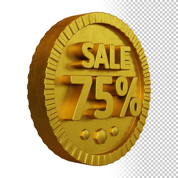 3d render of sale 75% discount with golden bold circular badge isolated