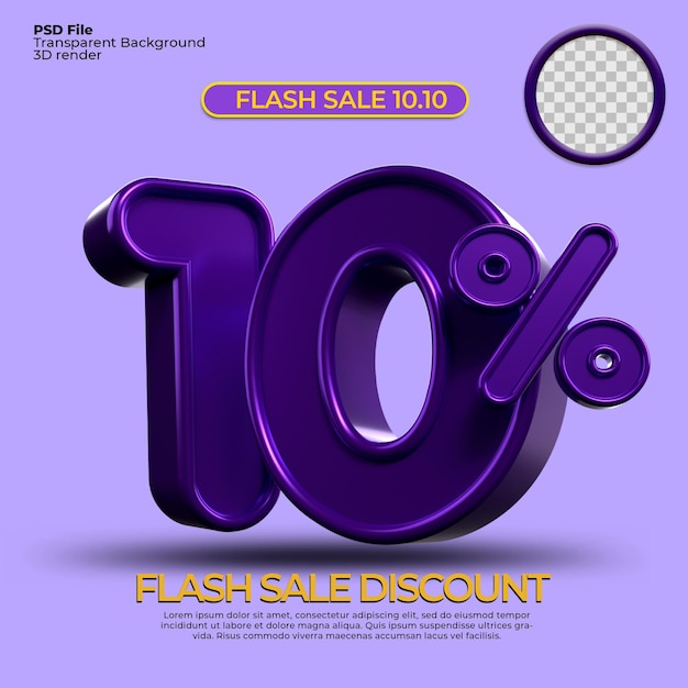 3d render sale discount 10 percentage number purple color