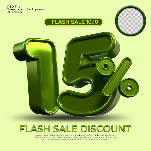 3d rendering sconto vendita 15 percentuale di numero colore verde